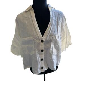 Miramar Sirena 100% Linen Cropped Button Front Shirt Size L White Oversized